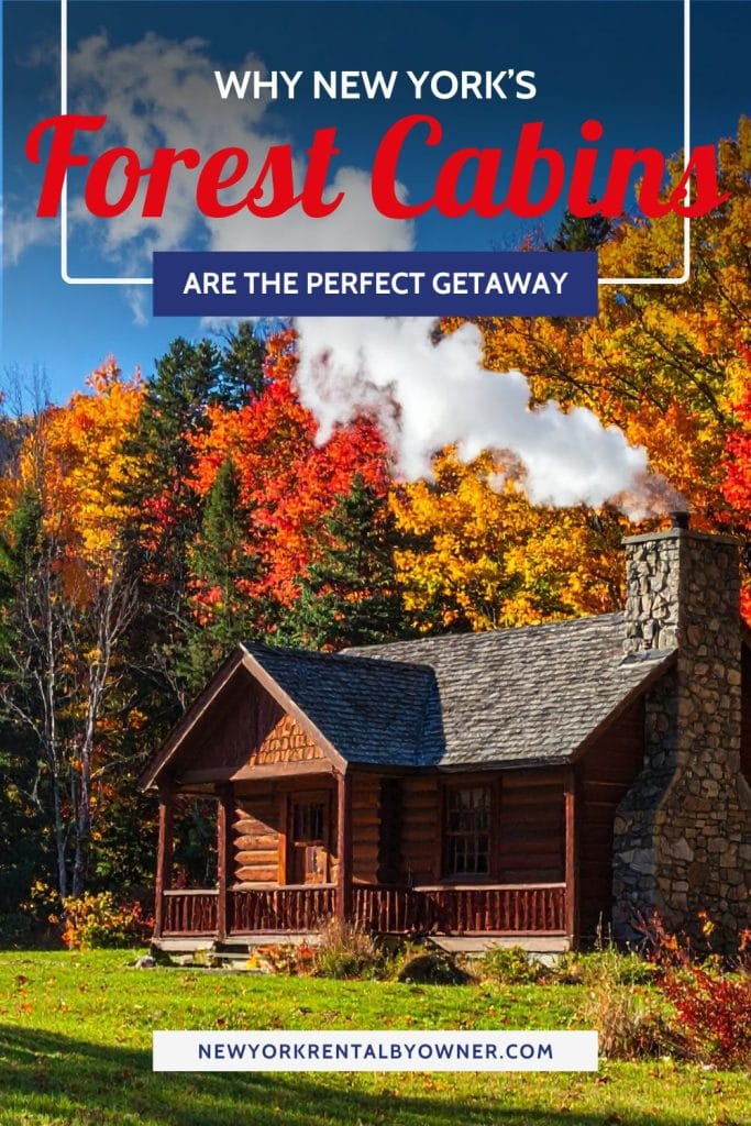New York Cabin Rentals forest cabin with fall foliage and stone chimney in New York