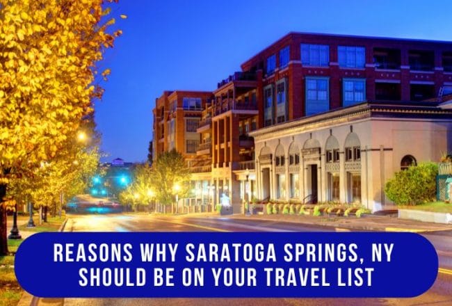 Downtown Saratoga Springs at sunset with colorful trees and shops — Saratoga Springs NY travel guide