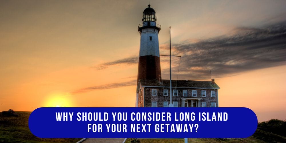 Montauk Lighthouse at sunset, a popular attraction near Long Island vacation rentals for travelers seeking coastal getaways