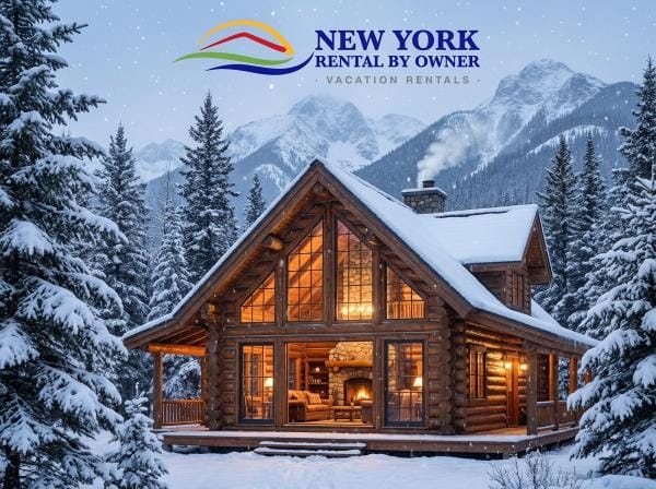 Best Cabins in Adirondacks winter scene with luxury snowy cabin, warm lights, and mountain landscape
