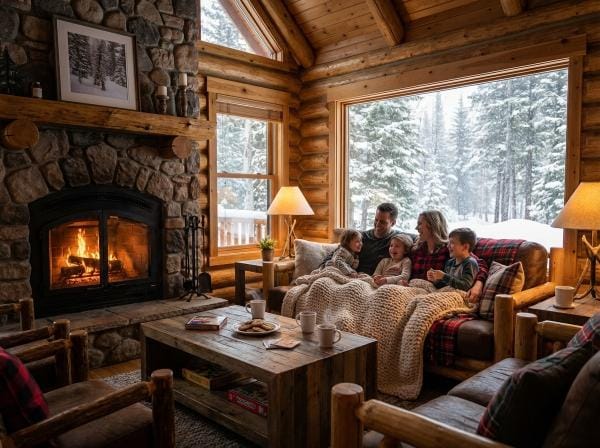 Best Cabins in Adirondacks interior with fireplace, family relaxing, and snowy forest view outside