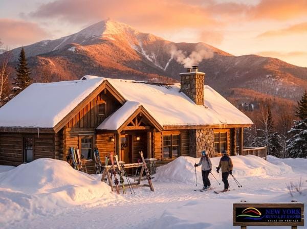 Best Cabins in Adirondacks near ski slopes with snowy view, skiers, and cozy winter retreat